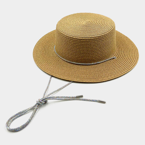 Chic & Sun-Ready – Bling Chin Tie Straw Sun Hat (Beige)