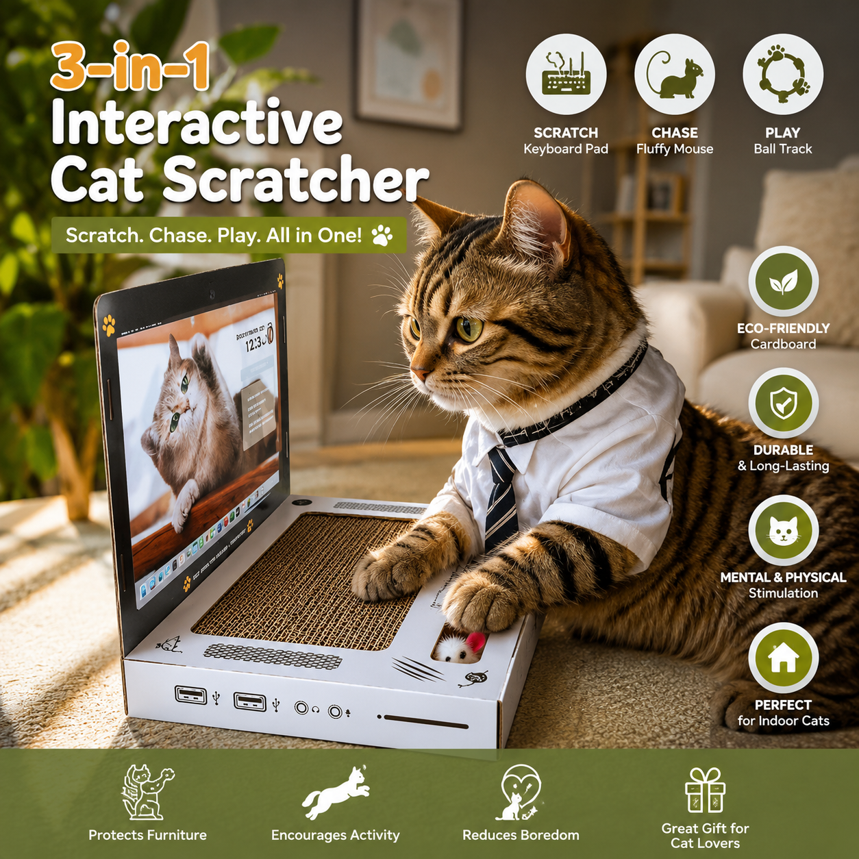 3-in-1 Interactive Cat Scratcher Toy – Laptop-Style Scratch Pad with Mouse & Ball Track