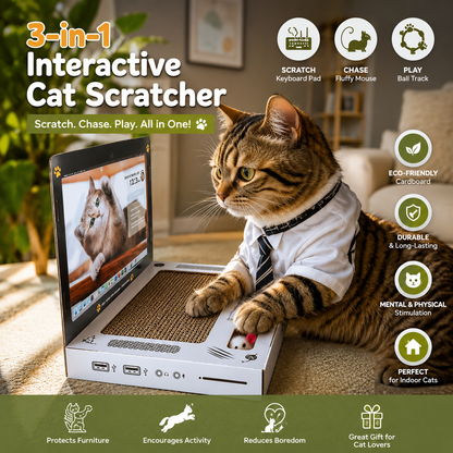 3-in-1 Interactive Cat Scratcher Toy – Laptop-Style Scratch Pad with Mouse & Ball Track