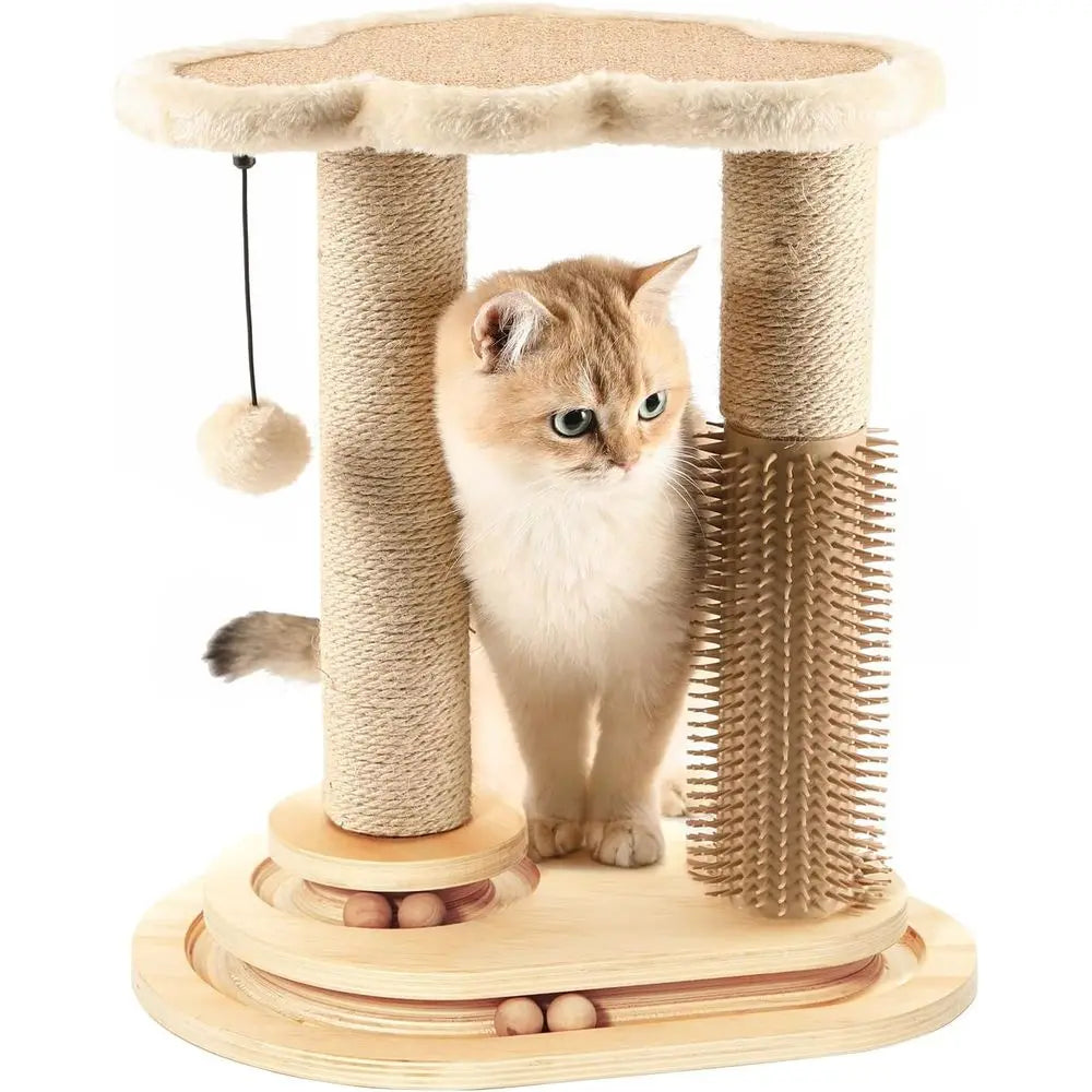 Indoor Cat Scratching Post with Self Groomer Brush & Hanging Ball Toy
